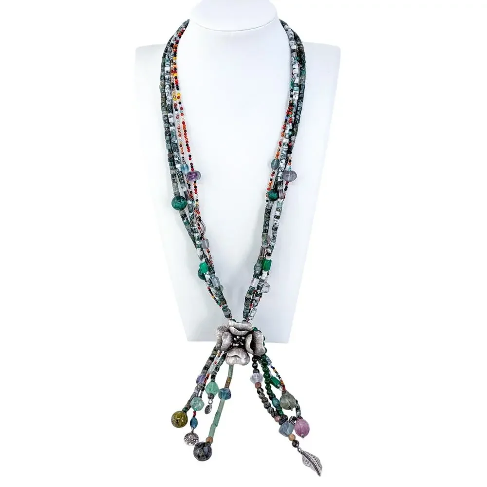 Vintage Artisan Sterling Silver 925 Multi-Gemstone Floral Bead Necklace 24”
